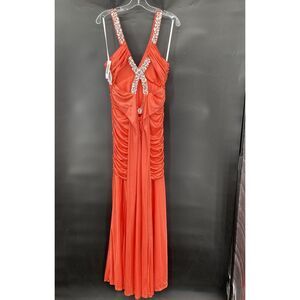 DEB Y2K Neon Coral Ruched Embellished V-Neck Formal Dress Gown Size 13 JR. NWT